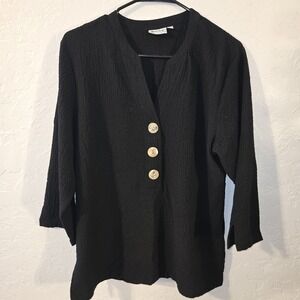 Habitat V neck 3 button Pullover Tunic Top Gauze Women's Sz M 3/4 sleeve Black